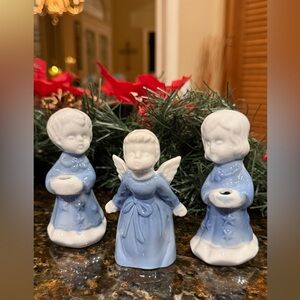 Vintage Blue & White Ceramic Angel Figurine Set - Carolers / Candle Holders
